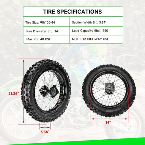14" Rear Wheel 90/100-14 3.00-14 Dirt Bike Tire Rim Assembly Compatible with SSR Apollo 150cc 140cc 125cc CR80R CR85R CRF80F CRF125F DB17 KX85 KLX125 TTR125 Off Road Motocross Part in Saudi Arabia