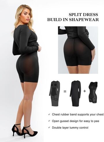 Popilush Shapewear Dress Casual Crew Neck Midi Dress Back Zipper Bodycon Dress in Saudi Arabia
