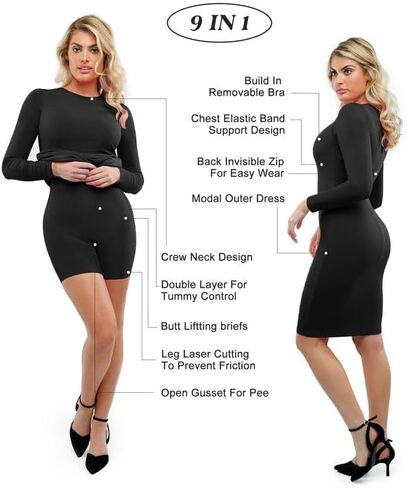 Popilush Shapewear Dress Casual Crew Neck Midi Dress Back Zipper Bodycon Dress in Saudi Arabia