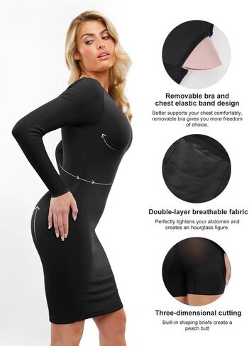 Popilush Shapewear Dress Casual Crew Neck Midi Dress Back Zipper Bodycon Dress in Saudi Arabia