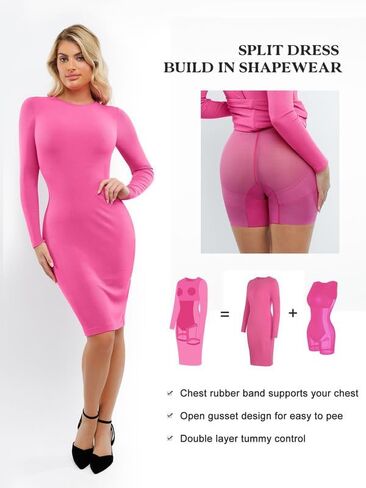 Popilush Shapewear Dress Casual Crew Neck Midi Dress Back Zipper Bodycon Dress in Saudi Arabia