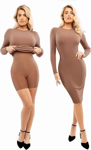 Popilush Shapewear Dress Casual Crew Neck Midi Dress Back Zipper Bodycon Dress in Saudi Arabia