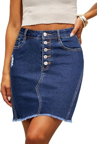 Sidefeel Women's Jean Skirt Stretchy Ripped Frayed Button Fly Summer Denim Skirt in Kuwait