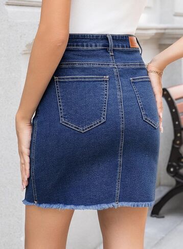 Sidefeel Women's Jean Skirt Stretchy Ripped Frayed Button Fly Summer Denim Skirt in Kuwait