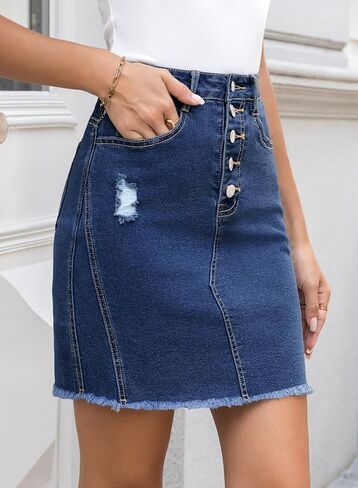 Sidefeel Women's Jean Skirt Stretchy Ripped Frayed Button Fly Summer Denim Skirt in Kuwait
