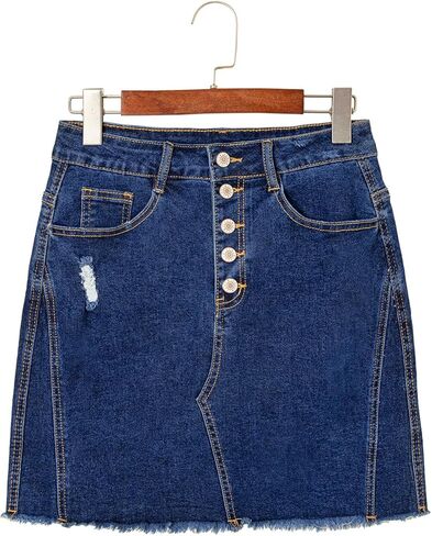 Sidefeel Women's Jean Skirt Stretchy Ripped Frayed Button Fly Summer Denim Skirt in Kuwait