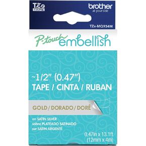 Brother P-Touch Embellish Gold Print on Satin Silver Tape TZE-MQ934M - ~1.2" Wide x 13.1’ Long (24mm x 4m), TZeMQ934M