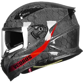 VCOROS FA-602 Carbon Fiber Full Face Motorcycle Helmet Unisex-Adult Dual Visor Helmets (Monstrous Red, XL)