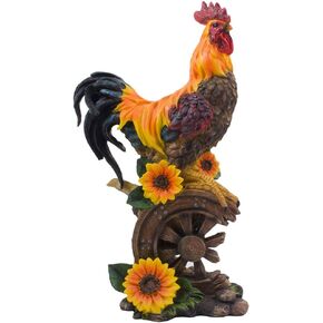 Classic Proud Rooster Statue on Old-Fashioned Wagon Wheel with Sunflower Accents for Rustic Country Kitchen Decor Sculptures As Farm Animal Gifts for Farmers