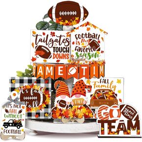 17 Pcs Fall Tiered Tray Decor Fall Football Table Decor Football Gnome Truck Wooden Signs Rustic Farmhouse Decor for Autumn Thanksgiving Home Table Shelf Decor