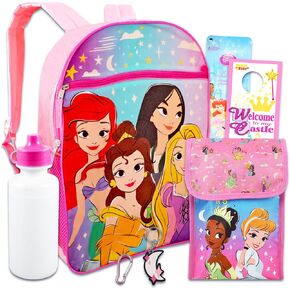 Disney Princess Backpack with Lunch Box Set - Disney Princess Backpack for Girls Bundle with Lunch Bag, Water Bottle, Stickers, More | Disney Princess School Supplies