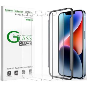 amFilm Glass Screen Protector Compatible with iPhone 13 pro 6.1 inch, iPhone 13 6.1 inch, iPhone 14 6.1 inch, with Easy Installation Tray - Case Friendly, Tempered Glass, 3 Pack