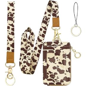 Cow Print Lanyards for ID Badges and Keys,2-in-1 Cute ID Badge Holder & Lanyard Wallet,PU Leather Wallet Lanyard Card Name Tag Protector for Nurses, Doctors, Teachers, Students (Brown)