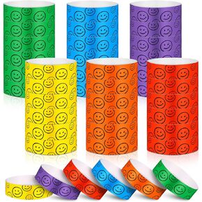 600 Pcs Paper Wristbands for Events Colored Waterproof Lightweight Event Wrist Bands Wristbands Smiling Face Variety Pack Adhesive Hand Bands for Clubs Concert Party Playground Parades