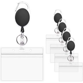 Durable Retractable Badge Holder Reel Strong Carabiner ID Clip with Horizontal Waterproof Card Pouch, Heavy Duty Yoyo Reel with Back Belt Clip and Split Key Ring 2-Pack