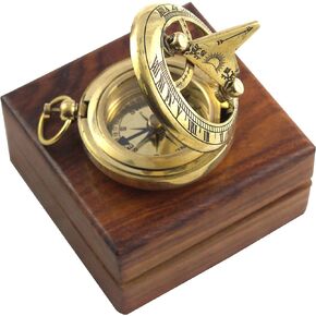 Marine Sundial Compass with Nautical Solid Wooden Box Vintage Brass Ship Navigate Device Nautical Gift Collection