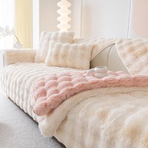 Z&WTOGFEV 1pc Imitation Rabbit Plush Sofa Slipcover Sofa Couch Cover Seat Cushion Protector Non Slip for Bedroom Office Living Room Home Decor (Beige,36"x63"/2seat)