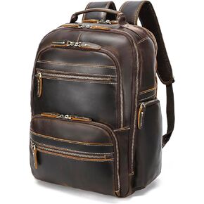 LANNSYNE Vintage Mens Full Grain Leather Backpack Fits 17.3 Inch Laptop, Large Casual Rucksack Shoulder Bag For Travel/Camping/Hiking-Brown