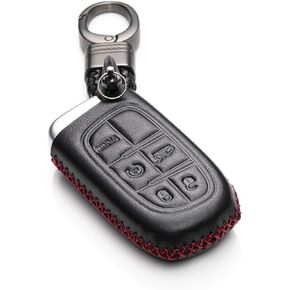 Vitodeco Genuine Leather Smart Key Fob Case Cover Protector for 2014-2018 Jeep Cherokee, 2013-2017 Ram 1500, 2500, 3500 (5 Buttons, Black/Red)