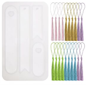 PPhtony Bookmark Mold with Tassels Silicone Jewelry Making Mould with 20Pcs Colorful Silky Tassels for Epoxy Resin Casting Christmas Ornaments Gift Tags Craft DIY (BM6-001)