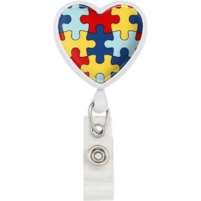 Autism Awareness Diversity Puzzle Pieces Heart Lanyard Retractable Reel Badge ID Card Holder - White