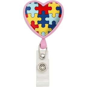 Autism Awareness Diversity Puzzle Pieces Heart Lanyard Retractable Reel Badge ID Card Holder - White