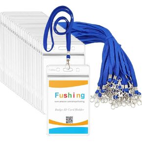 Fushing 50pcs Clear Plastic Vertical Name Tags Badge ID Card Holders and Blue Neck Lanyards with Swivel Hook for School, Festival, Event (L)