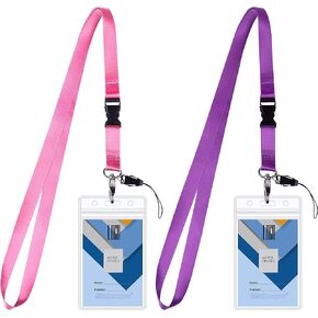 Cruise Lanyard Badge Holder, Wisdompro Vertical 2-Sided 2 Card Slot Waterproof Clear PVC ID Tag Holder with Ziplock and 20.8’’ Heavy Duty Detachable Neck Strap - 2 Set, Pink/Purple