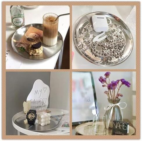 2pcs Silvery Stainless Steel Tray for Serving Decorative Gold Jewelry Bar Jewelry Dish Key Bowl Mirror Dresser Decor Coffee Fruit Metal Perfume Trim Storage Dessert(Round 12'') (Silvery) in Saudi Arabia