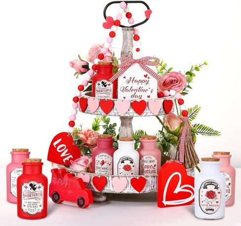20 Pcs Valentines Day Tiered Tray Decor Love Potion Bottle Mini Wood Signs Table Decorations Bead Garland Label Stickers for Tabletop Centerpiece Wedding Anniversary Home Party Decor in Kuwait