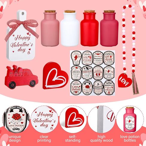 20 Pcs Valentines Day Tiered Tray Decor Love Potion Bottle Mini Wood Signs Table Decorations Bead Garland Label Stickers for Tabletop Centerpiece Wedding Anniversary Home Party Decor in Kuwait