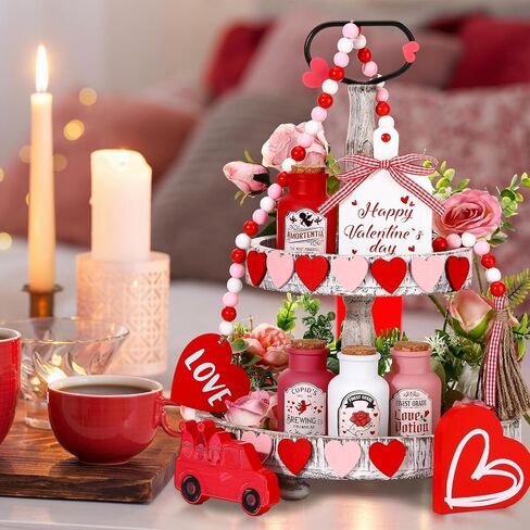 20 Pcs Valentines Day Tiered Tray Decor Love Potion Bottle Mini Wood Signs Table Decorations Bead Garland Label Stickers for Tabletop Centerpiece Wedding Anniversary Home Party Decor in Kuwait