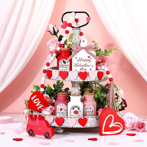20 Pcs Valentines Day Tiered Tray Decor Love Potion Bottle Mini Wood Signs Table Decorations Bead Garland Label Stickers for Tabletop Centerpiece Wedding Anniversary Home Party Decor in Kuwait