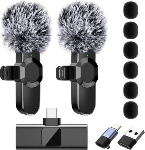 ميكروفونات Lavalier لاسلكية لـ USB C - ميكروفون تسجيل مكثف متعدد الاتجاهات لاسلكيًا لإجراء مقابلة فيديو وبودكاست ومدونة فيديو على YouTube (عبوتان) in Kuwait