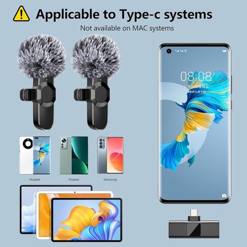 ميكروفونات Lavalier لاسلكية لـ USB C - ميكروفون تسجيل مكثف متعدد الاتجاهات لاسلكيًا لإجراء مقابلة فيديو وبودكاست ومدونة فيديو على YouTube (عبوتان) in Kuwait