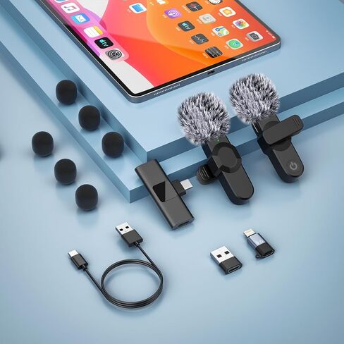 ميكروفونات Lavalier لاسلكية لـ USB C - ميكروفون تسجيل مكثف متعدد الاتجاهات لاسلكيًا لإجراء مقابلة فيديو وبودكاست ومدونة فيديو على YouTube (عبوتان) in Kuwait