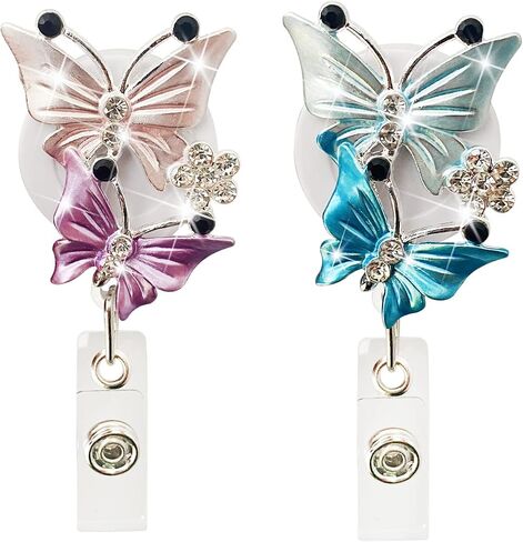2 Pack Bling Butterfly Retractable ID Badge Holder Nurse Badge Reels with Clip, 24 inch Retractable Cord, Name Card Holders for Office Worker Doctor Girls Women in Saudi Arabia