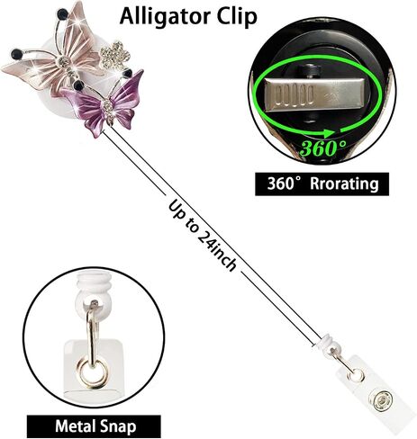 2 Pack Bling Butterfly Retractable ID Badge Holder Nurse Badge Reels with Clip, 24 inch Retractable Cord, Name Card Holders for Office Worker Doctor Girls Women in Saudi Arabia