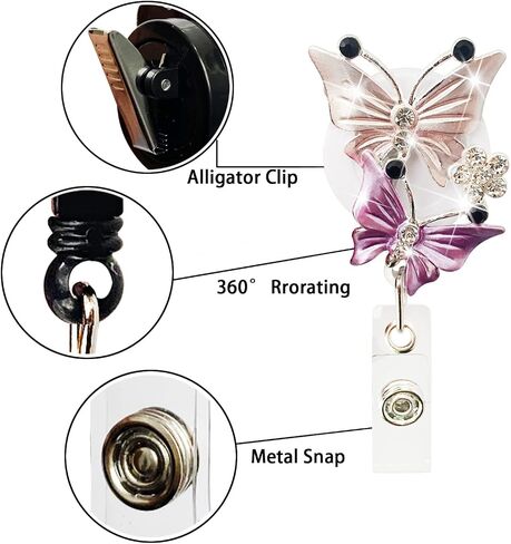2 Pack Bling Butterfly Retractable ID Badge Holder Nurse Badge Reels with Clip, 24 inch Retractable Cord, Name Card Holders for Office Worker Doctor Girls Women in Saudi Arabia