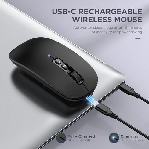 ماوس بلوتوث لاسلكي، متعدد الأجهزة قابل لإعادة الشحن (ثلاثي الأوضاع: BT1/BT2+2.4G) فأرة كمبيوتر مع مستقبل USB، ماوس صامت رفيع لأجهزة الكمبيوتر المحمول/MacBook/Chromebook/Surface Pro/iPad/PC (أسود) in Kuwait