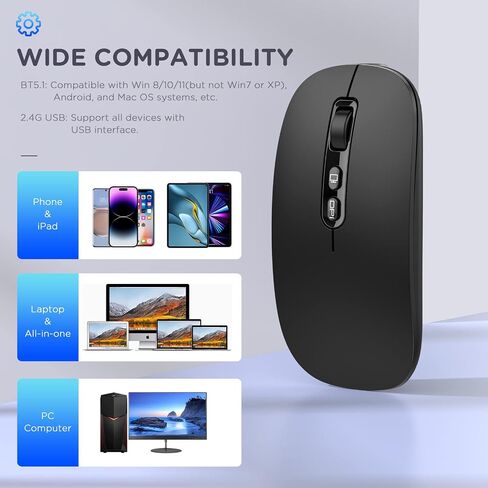 ماوس بلوتوث لاسلكي، متعدد الأجهزة قابل لإعادة الشحن (ثلاثي الأوضاع: BT1/BT2+2.4G) فأرة كمبيوتر مع مستقبل USB، ماوس صامت رفيع لأجهزة الكمبيوتر المحمول/MacBook/Chromebook/Surface Pro/iPad/PC (أسود) in Kuwait