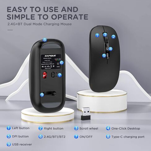ماوس بلوتوث لاسلكي، متعدد الأجهزة قابل لإعادة الشحن (ثلاثي الأوضاع: BT1/BT2+2.4G) فأرة كمبيوتر مع مستقبل USB، ماوس صامت رفيع لأجهزة الكمبيوتر المحمول/MacBook/Chromebook/Surface Pro/iPad/PC (أسود) in Kuwait