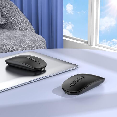 ماوس بلوتوث لاسلكي، متعدد الأجهزة قابل لإعادة الشحن (ثلاثي الأوضاع: BT1/BT2+2.4G) فأرة كمبيوتر مع مستقبل USB، ماوس صامت رفيع لأجهزة الكمبيوتر المحمول/MacBook/Chromebook/Surface Pro/iPad/PC (أسود) in Kuwait