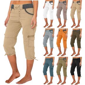 Cargo Capris for Women Stretchy Drawstring Cotton Capri Pants Multi Pockets Lightweight Mid Rise Cropped Trouser in Kuwait
