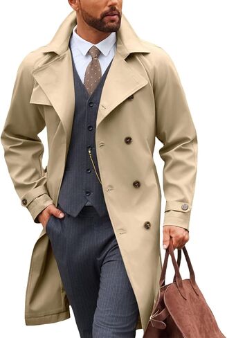 Runcati Mens Trench Coat Double Breasted Notched Lapel Casual Belted Windbreaker Fall Classic Long Jacket Overcoat in Saudi Arabia