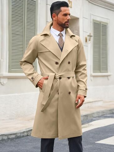 Runcati Mens Trench Coat Double Breasted Notched Lapel Casual Belted Windbreaker Fall Classic Long Jacket Overcoat in Saudi Arabia