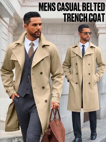 Runcati Mens Trench Coat Double Breasted Notched Lapel Casual Belted Windbreaker Fall Classic Long Jacket Overcoat in Saudi Arabia