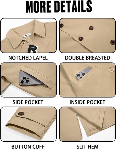 Runcati Mens Trench Coat Double Breasted Notched Lapel Casual Belted Windbreaker Fall Classic Long Jacket Overcoat in Saudi Arabia