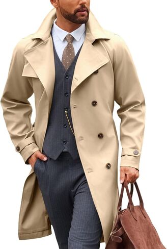معطف Runcati Mens Trench Coat مزدوج الصدر المصنوع من طية طية طية طية غير رسمية in Kuwait