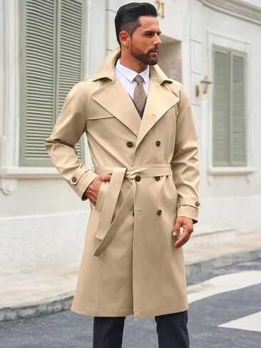 معطف Runcati Mens Trench Coat مزدوج الصدر المصنوع من طية طية طية طية غير رسمية in Kuwait
